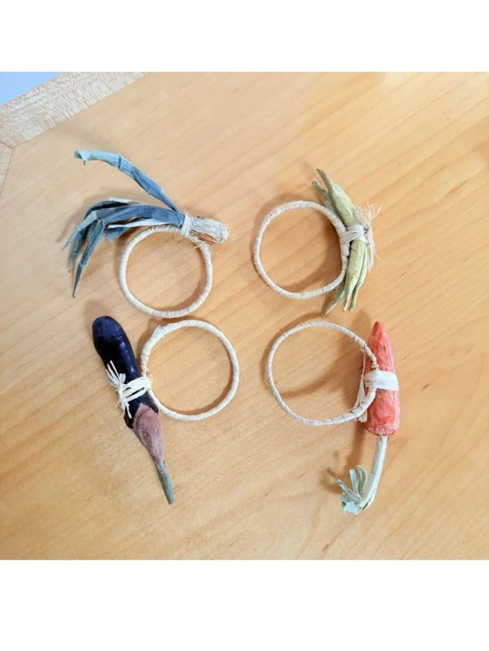 Set Four Napkin Rings Carrots Vegetables Onions Eggplant Pepper Farmhouse Picnic